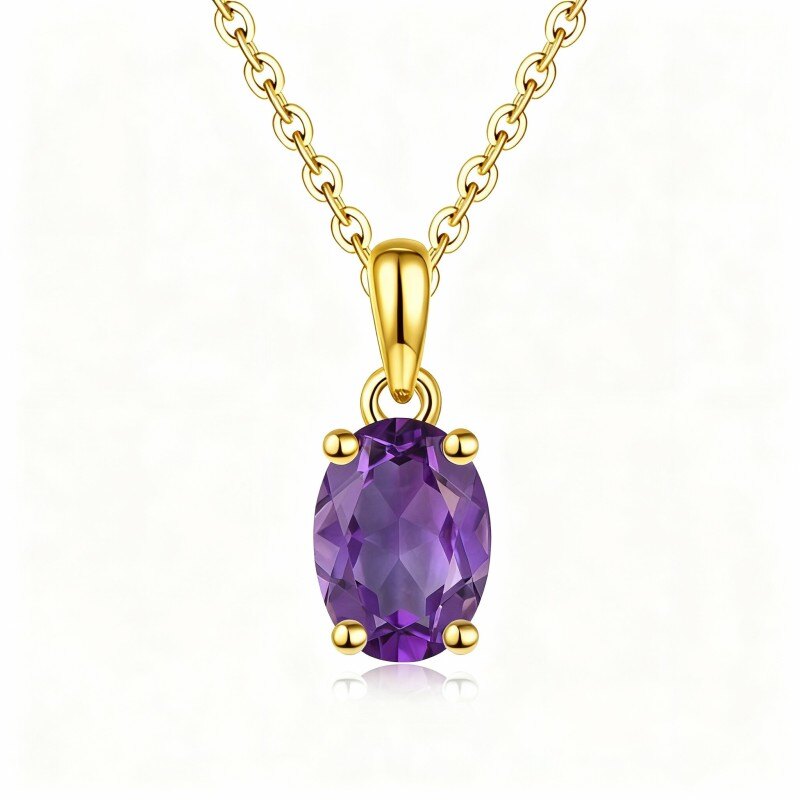 10K Gold Oval Cut Amethyst Round Pendant Necklace-1
