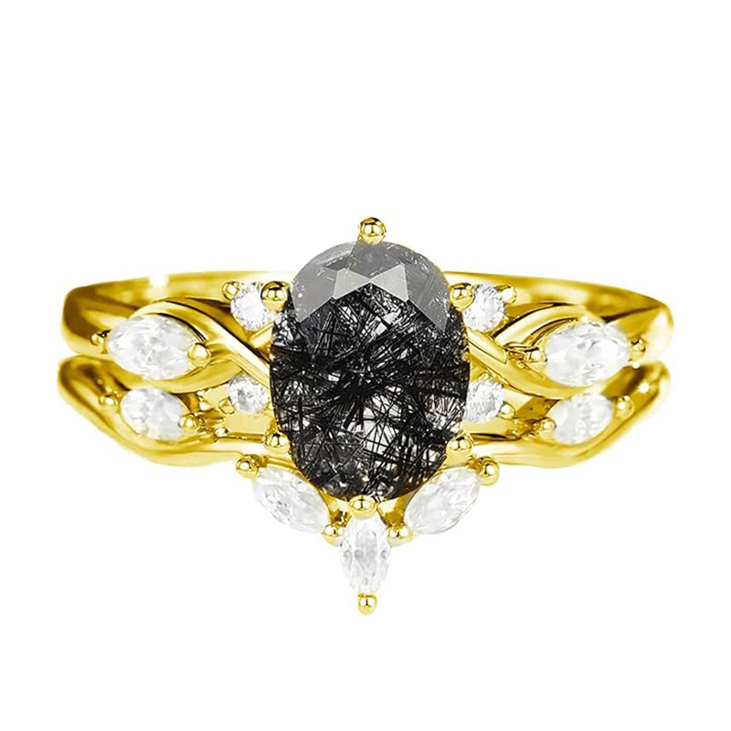 Bague de fiançailles en or 18 carats avec moissanite et quartz rutile noir à taille ovale-1