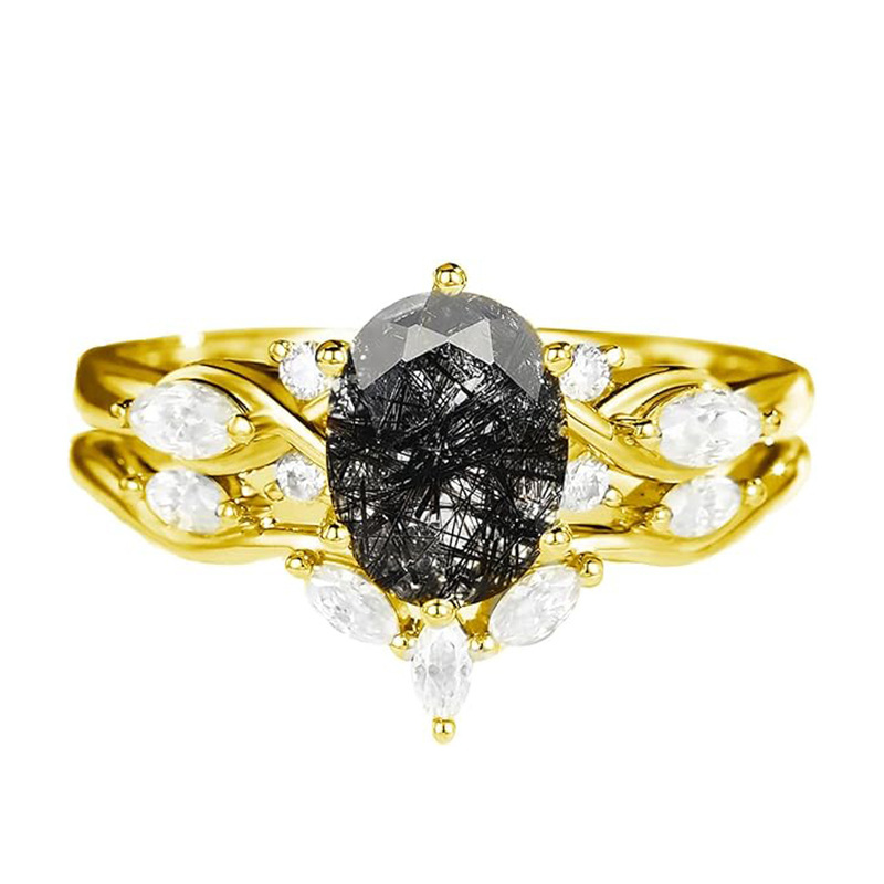 18K Gold Oval-Cut Black Rutilated Quartz Moissanite Engagement Ring-3