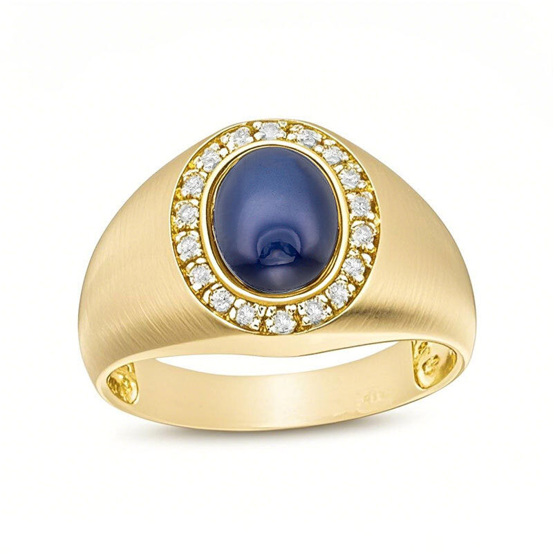 18K Gold Oval Cut Diamond & Sapphire Custom Signet Ring for Men H Color I2 Clarity 3EX-1