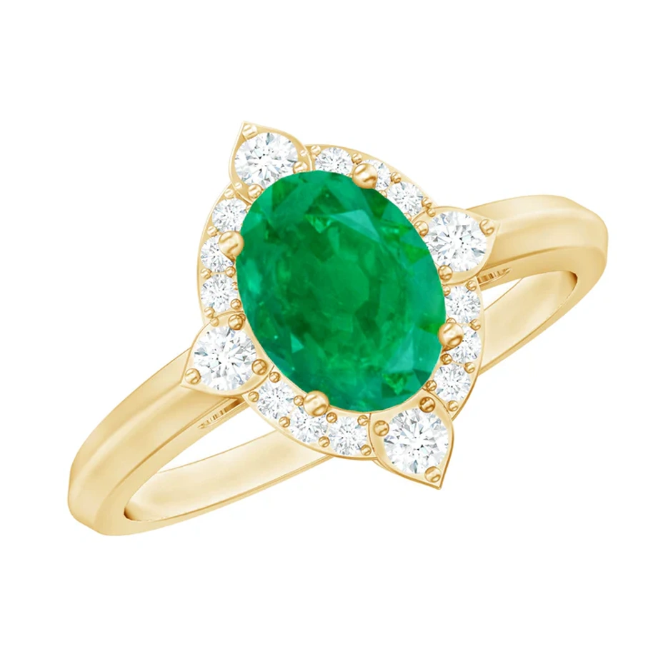 18K Gold Oval Cut Emerald & 0.35 CT.T.W. Diamond Vintage Inspired Engagement Band-1
