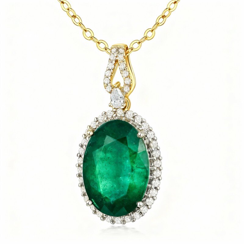10K Gold Oval Cut Emerald Round Pendant Necklace-1