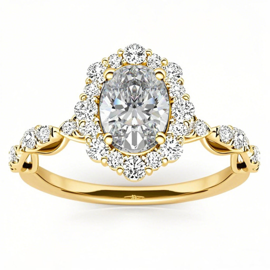 Anillo de compromiso de moissanita con halo de corte ovalado en oro de 10 quilates