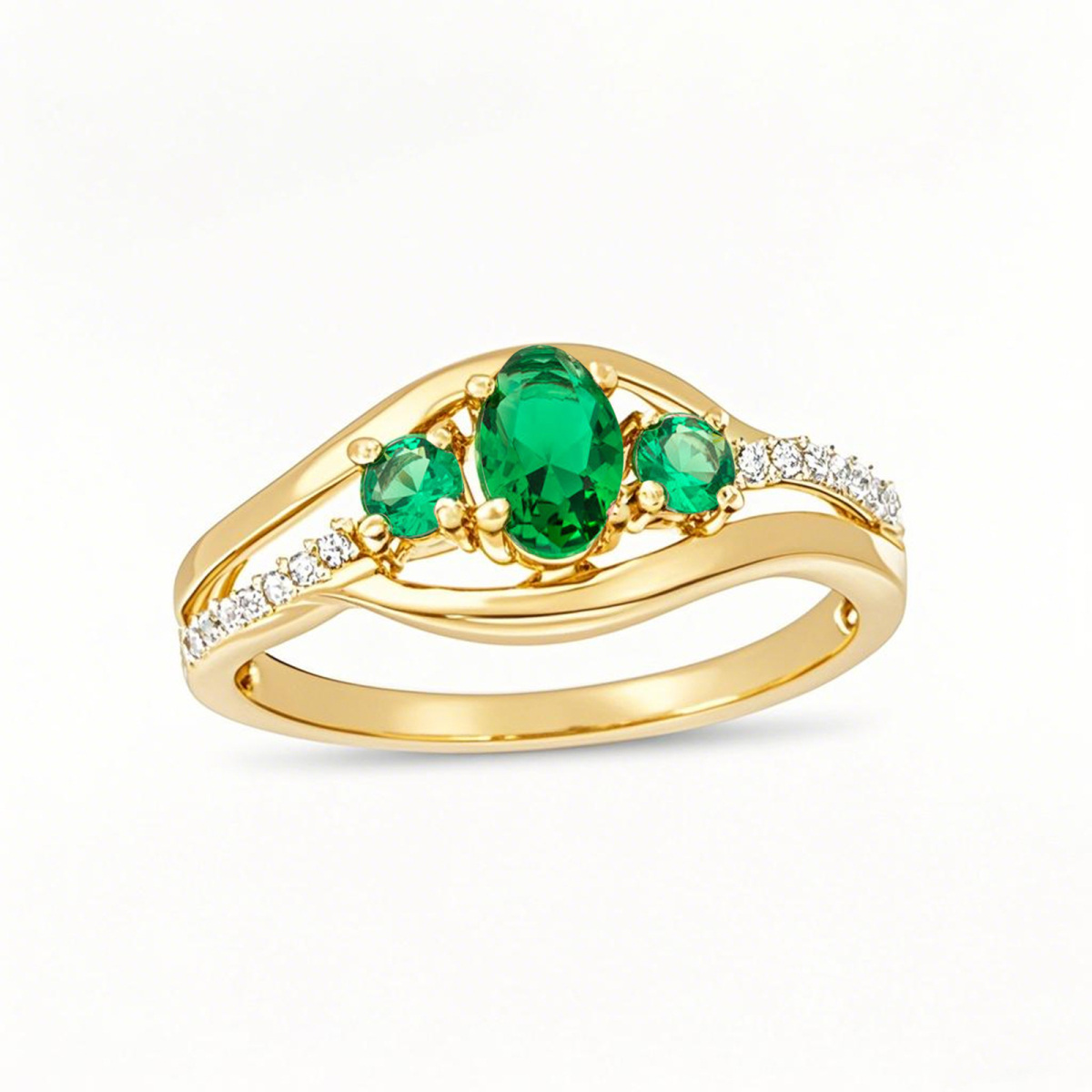 10K Gold Oval Cut Lab-Created Emerald and 0.05 CT.T.W. Natrual Diamond Three Stone Bypass Engagement Band-1