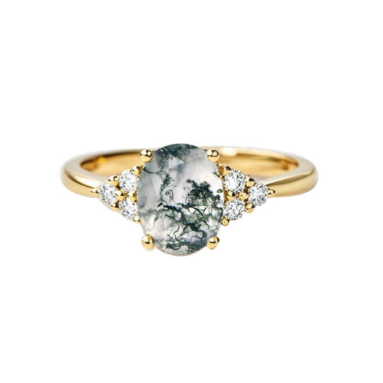 Anillo de compromiso de ágata musgosa de corte ovalado en plata de ley con baño de oro amarillo
