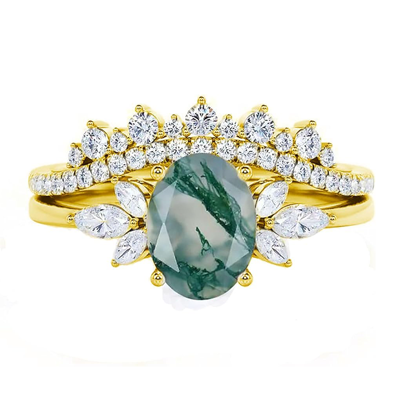 10K Gold Oval Moss Agate With Moissanite Ring-1