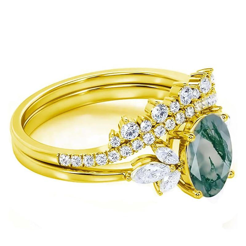 Sterling Silver with Yellow Gold Plated Oval Moss Agate With Moissanite Ring-2