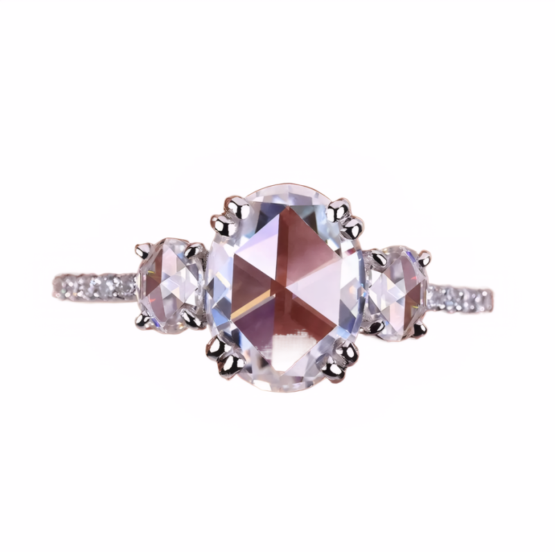 10K Gold Oval Rose Cut Diamond Three Stone Pavé Engagement Ring D Color VVS-VS Clarity IGI Certified-1