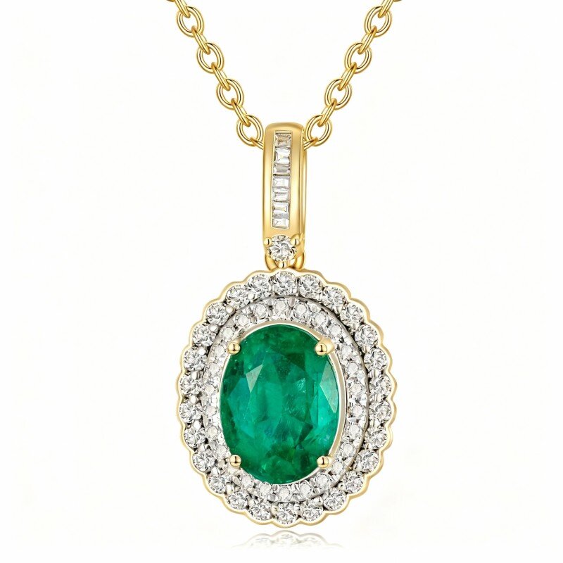 10K Gold Oval Shaped Diamond & Emerald Oval Shaped Pendant Necklace-1