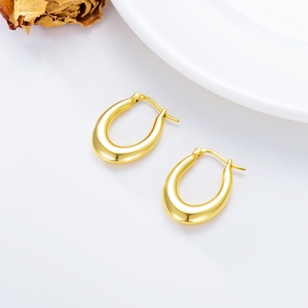 10K Gold Oval Shaped Hoop Earrings-3