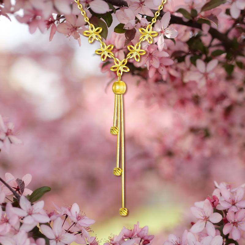 10K Gold Peach Blossom & Bead Pendant Necklace-5