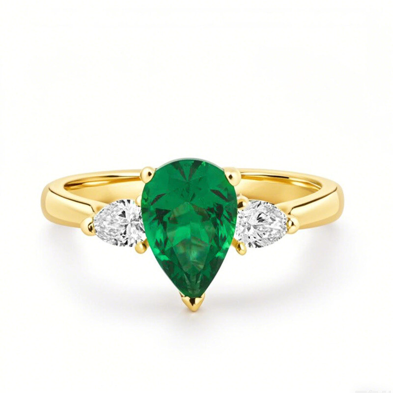 10K Gold Pear Cut Emerald & 0.4 CT.T.W. Diamond Engagement Band-1
