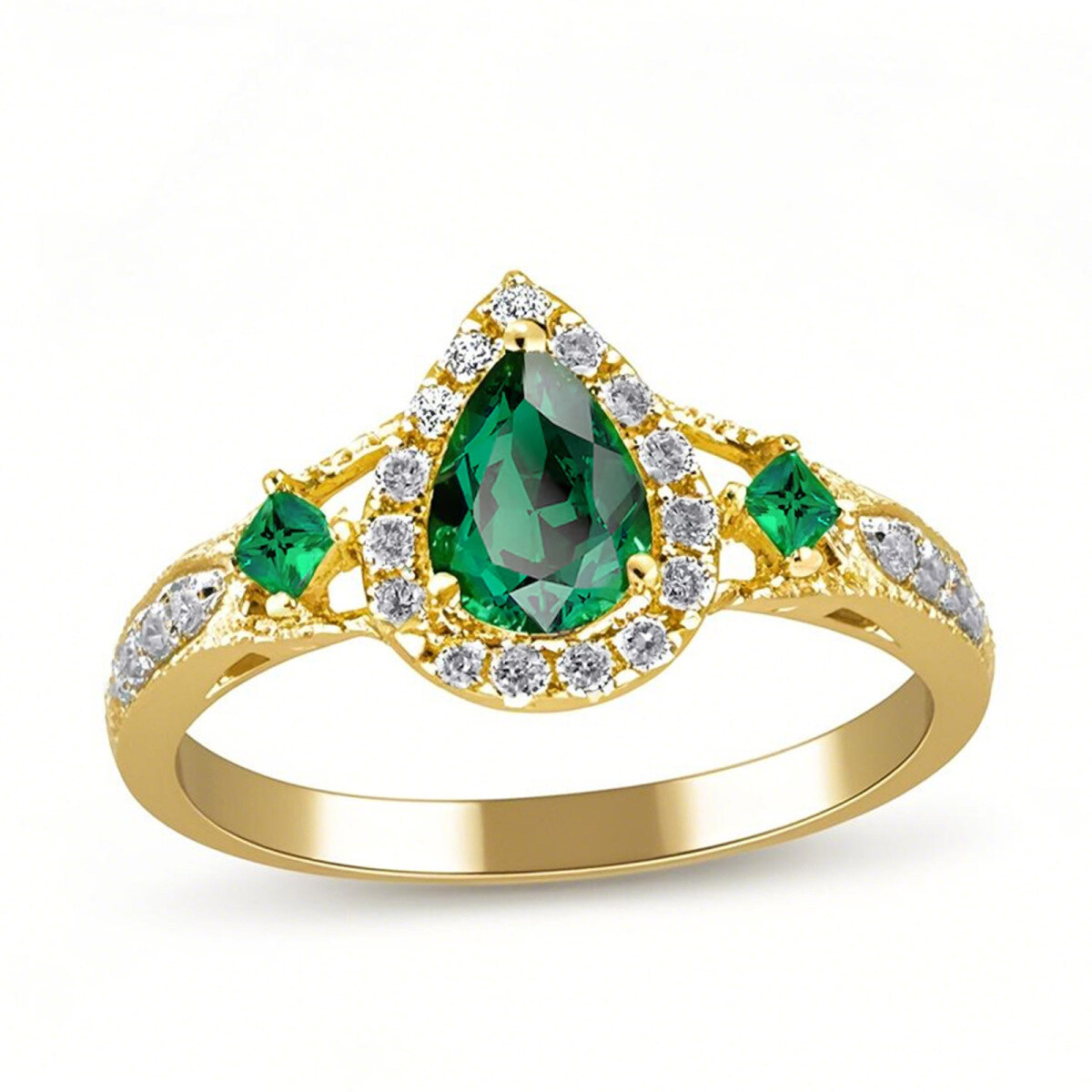 Anillo de compromiso de oro de 18 quilates con halo de diamantes y esmeralda de talla pera-1