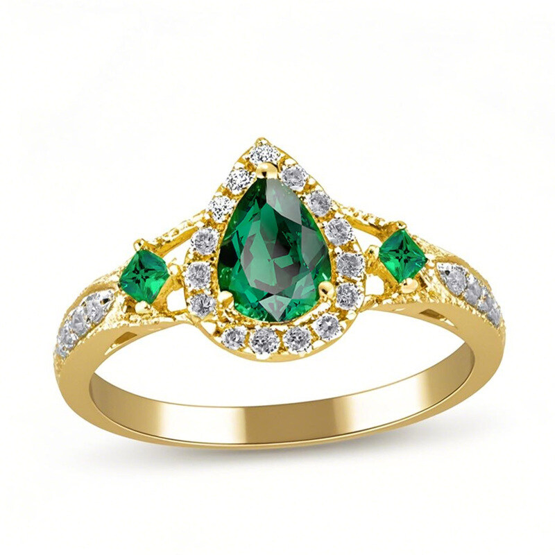 14K gouden peervormige smaragd en diamanten halo verlovingsring-1