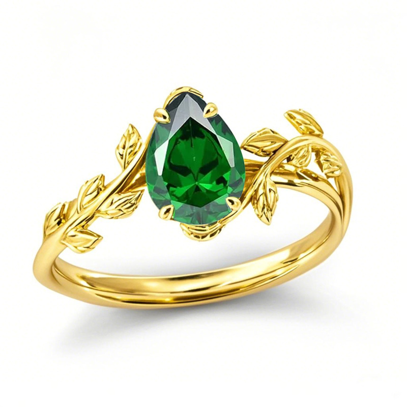 10K Gold Pear Cut Emerald Leaves Promise Band for Her Birthday Anniversary Jewelry-18