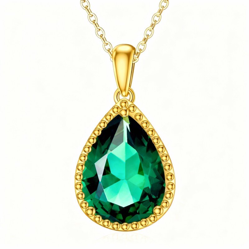 18K Gold Pear Cut Emerald Pendant Necklace-1