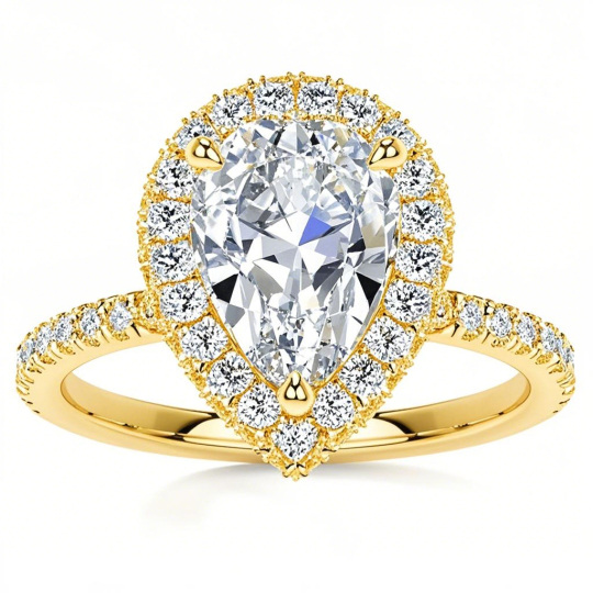 10K Gold Pear Cut Halo Moissanite Engagement Ring