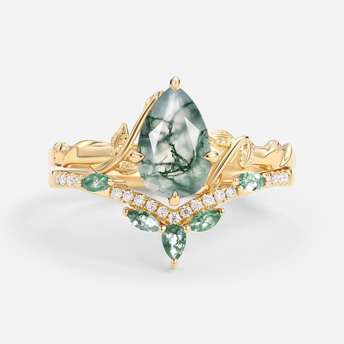 Anillo de ágata musgosa con hojas y corte de pera en oro de 14 quilates-1