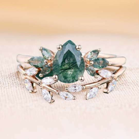 Sterling Silver with Yellow Gold Plated Pear Cut Leaves Moss Agate Bridal Set