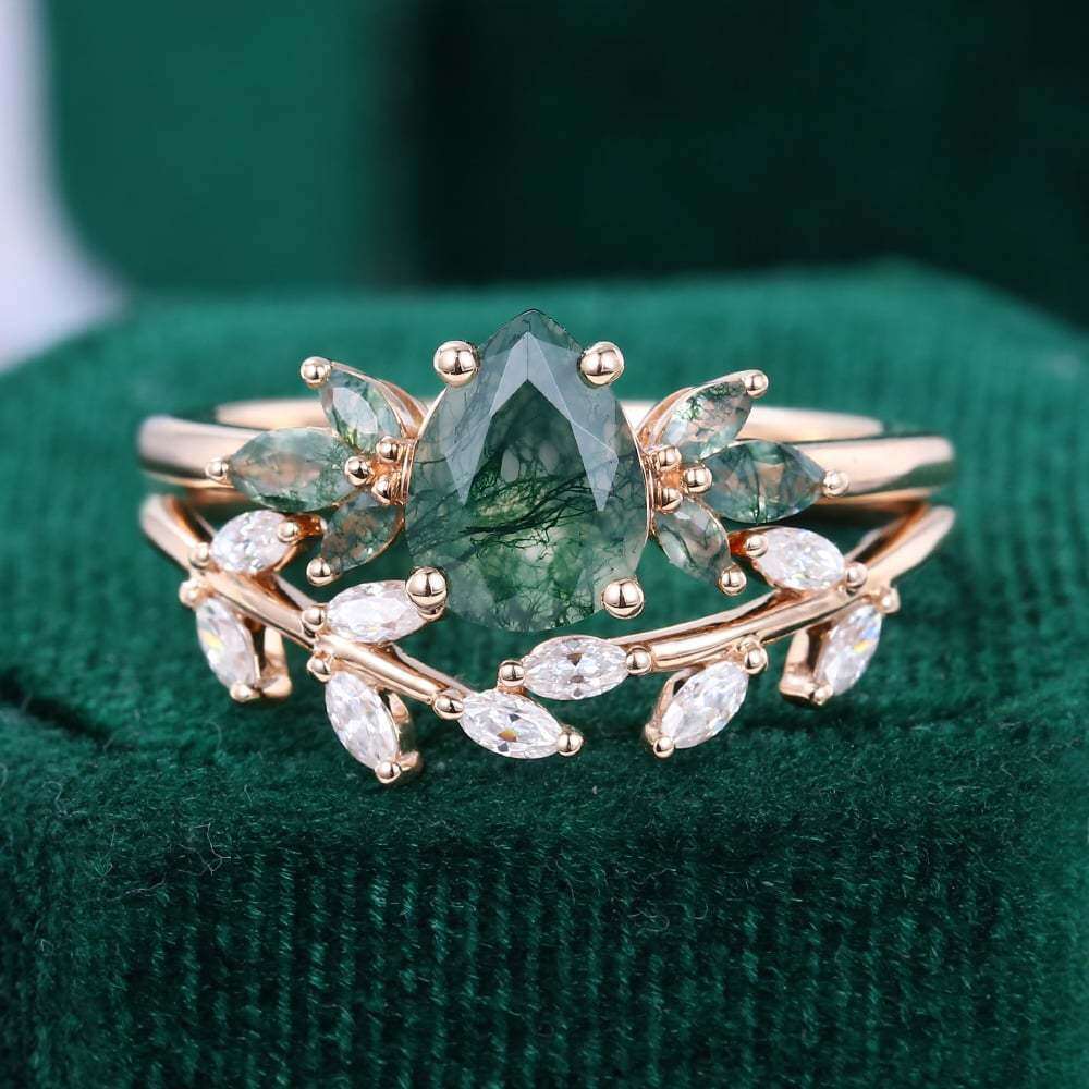 14K Gold Pear Cut Leaves Moss Agate Bridal Set-3