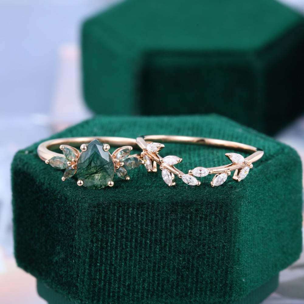 14K Gold Pear Cut Leaves Moss Agate Bridal Set-4