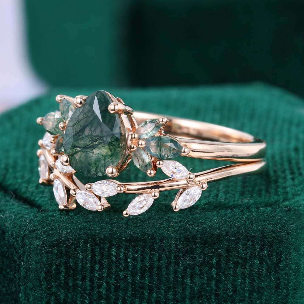 14K Gold Pear Cut Leaves Moss Agate Bridal Set-5