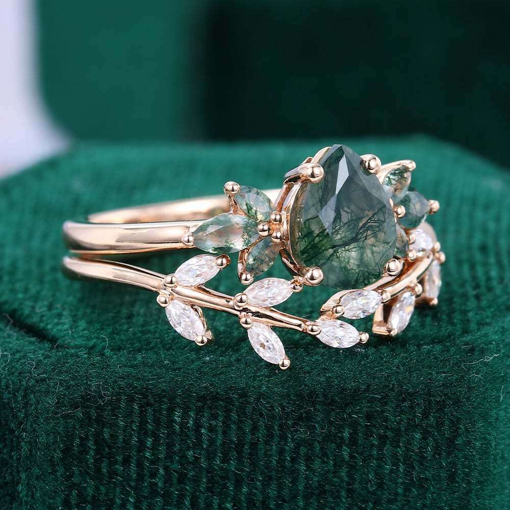 14K Gold Pear Cut Leaves Moss Agate Bridal Set-6