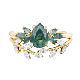 Sterling Silver with Yellow Gold Plated Pear Cut Leaves Moss Agate Bridal Set-5