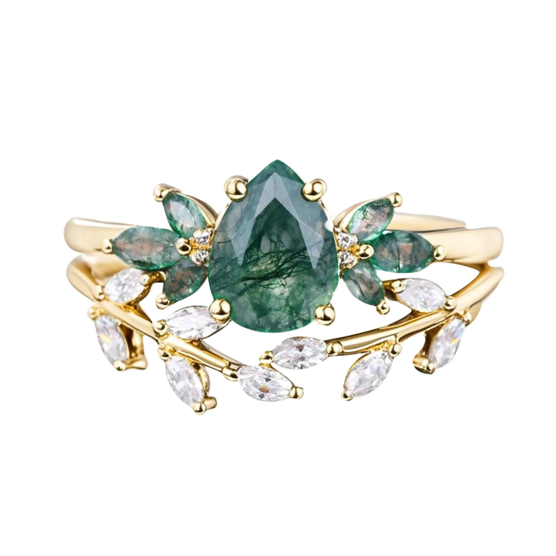 Sterling Silver with Yellow Gold Plated Pear Cut Leaves Moss Agate Bridal Set-13