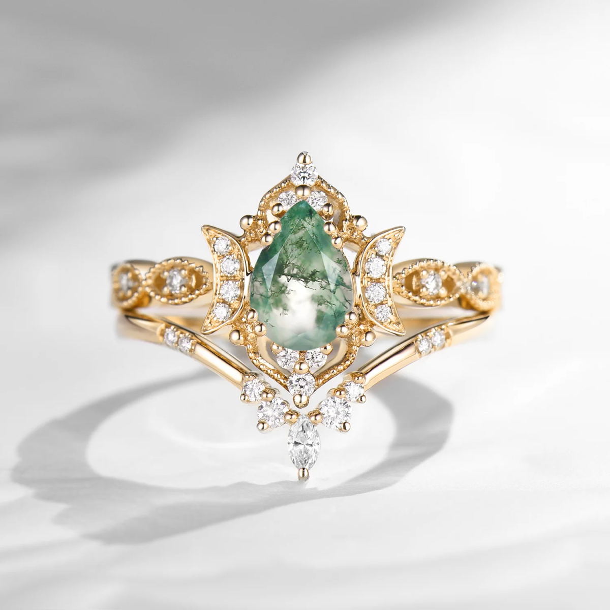 10K Gold Pear Cut Moon Moss Agate Engagement Ring-1