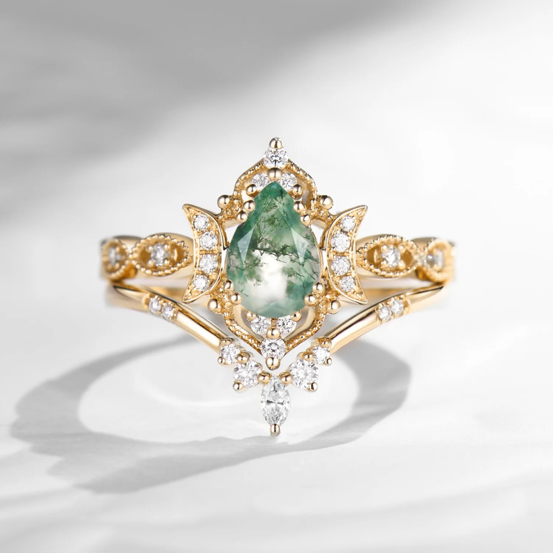 Sterling Silver with Yellow Gold Plated Pear Cut Moon Moss Agate Engagement Ring-16