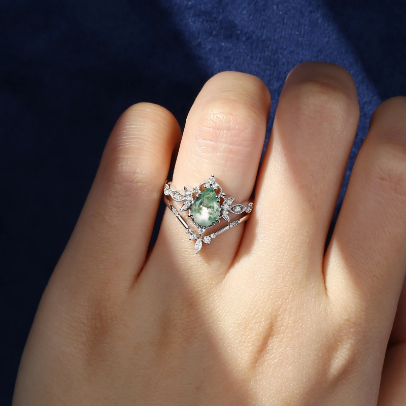 Sterling Silver with Yellow Gold Plated Pear Cut Moon Moss Agate Engagement Ring Bridal Set-2