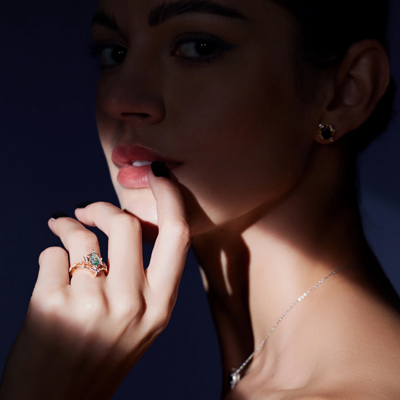 Sterling Silver with Yellow Gold Plated Pear Cut Moon Moss Agate Engagement Ring Bridal Set-3