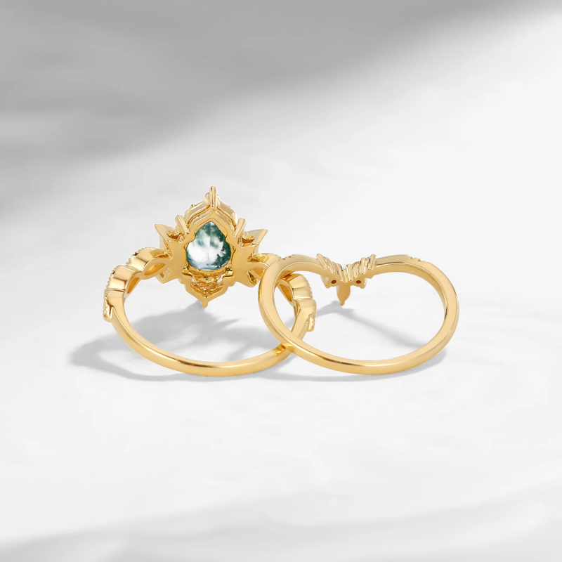 Sterling Silver with Yellow Gold Plated Pear Cut Moon Moss Agate Engagement Ring Bridal Set-4