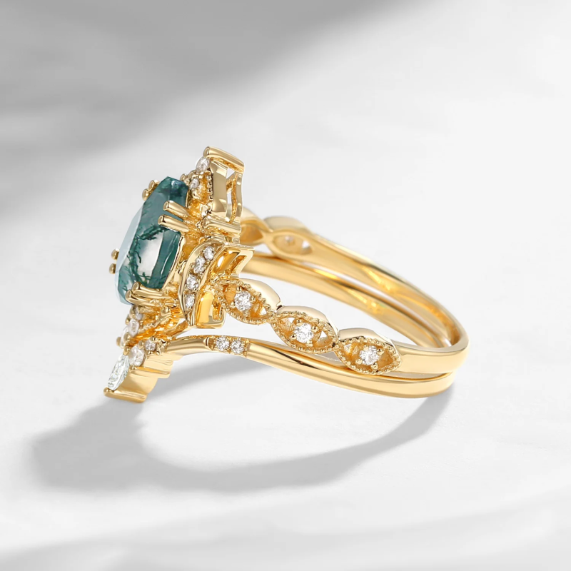 Sterling Silver with Yellow Gold Plated Pear Cut Moon Moss Agate Engagement Ring Bridal Set-5