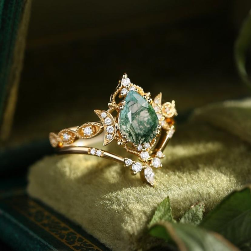 Sterling Silver with Yellow Gold Plated Pear Cut Moon Moss Agate Engagement Ring Bridal Set-6