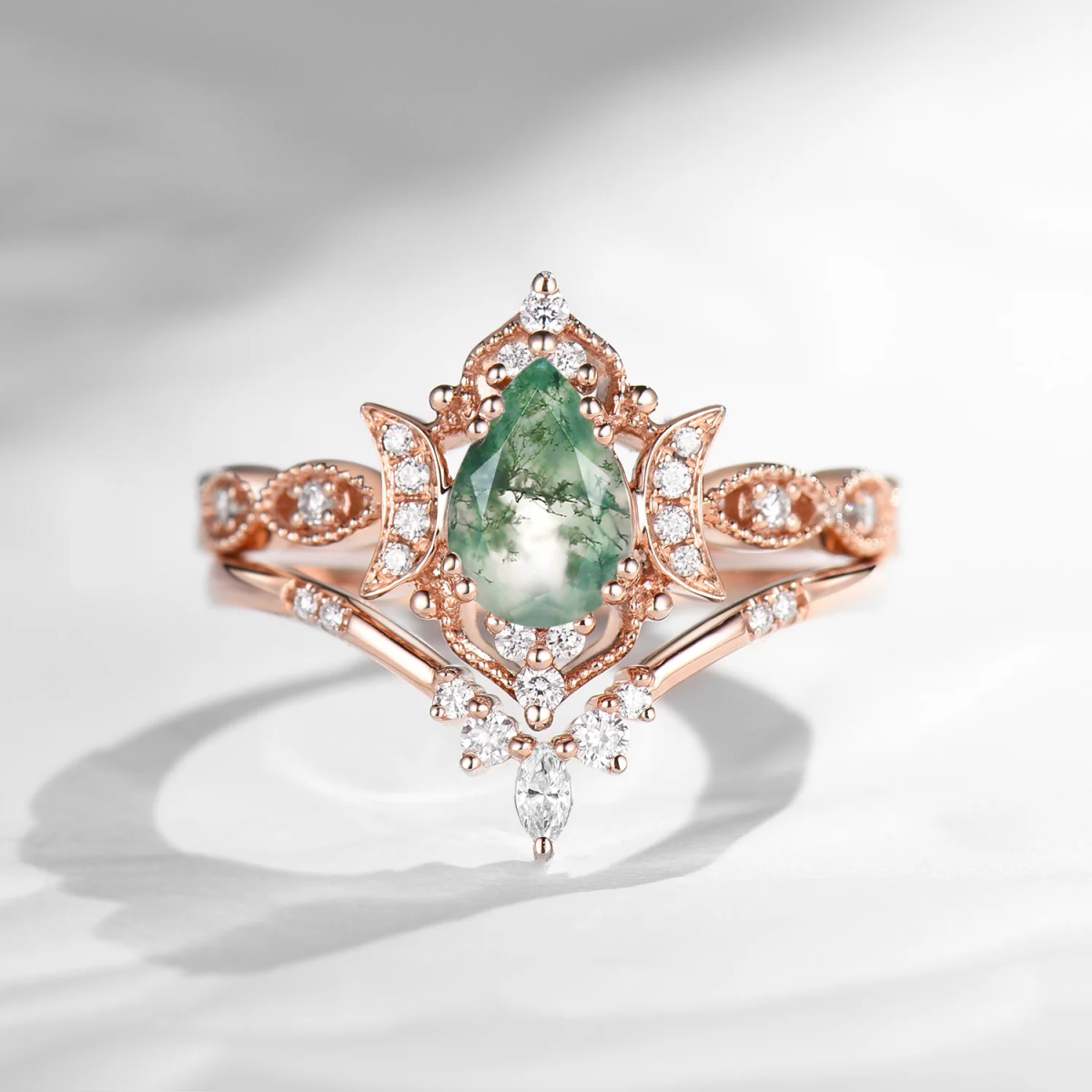 10K Gold Pear Cut Moon Moss Agate Engagement Ring-8