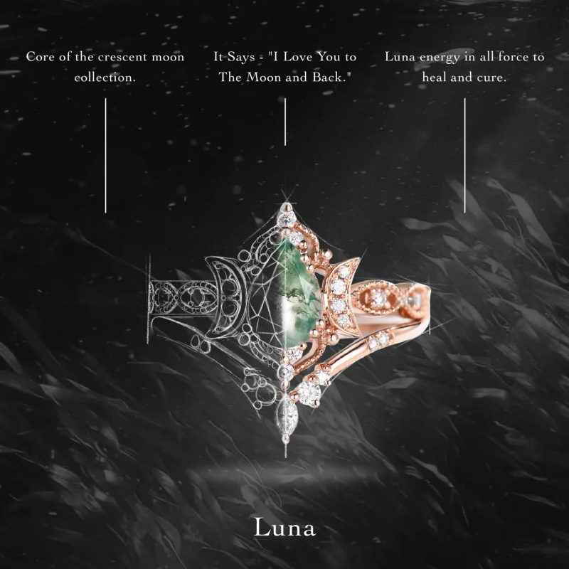 Sterling Silver with Yellow Gold Plated Pear Cut Moon Moss Agate Engagement Ring Bridal Set-9