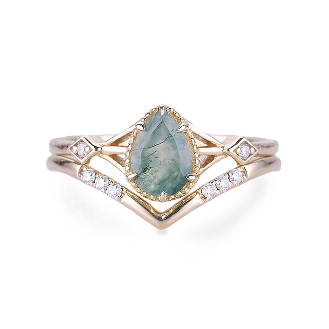 Platinum Pear Cut Moss Agate Engagement Ring Embellished with Moissanite-1