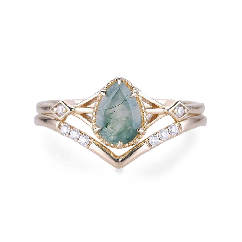 18K White Gold Pear Cut Moss Agate Engagement Ring Embellished with Moissanite-1