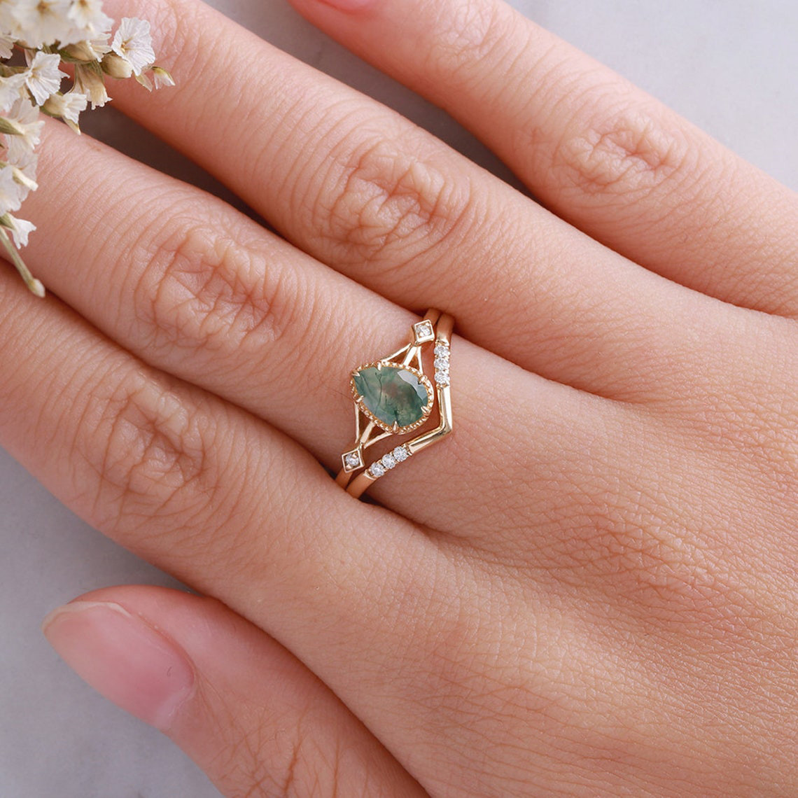 Sterling Silver with Yellow Gold Plated Pear Cut Moss Agate Engagement Ring Embellished with Moissanite-2