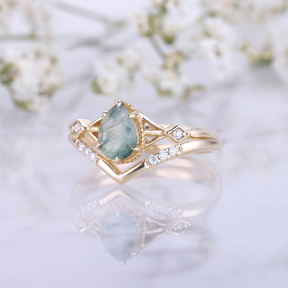 Sterling Silver with Yellow Gold Plated Pear Cut Moss Agate Engagement Ring Embellished with Moissanite-3