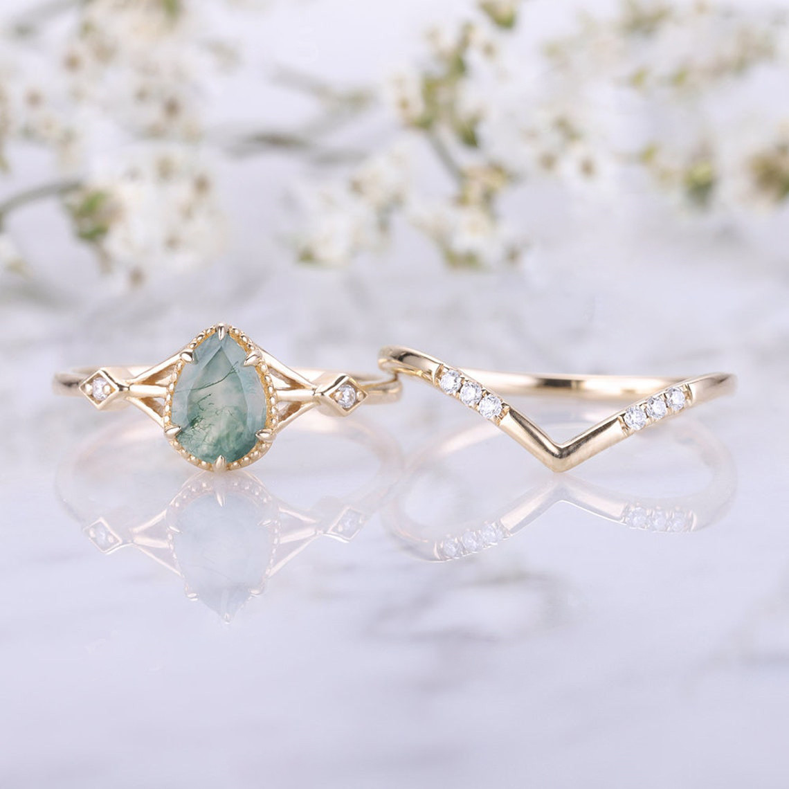 Sterling Silver with Yellow Gold Plated Pear Cut Moss Agate Engagement Ring Embellished with Moissanite-4