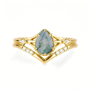 Sterling Silver with Yellow Gold Plated Pear Cut Moss Agate Engagement Ring Embellished with Moissanite-32