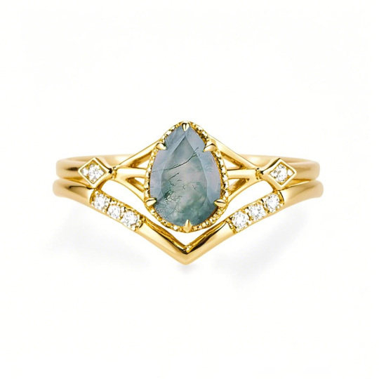 Sterling Silver with Yellow Gold Plated Pear Cut Moss Agate Engagement Ring Embellished with Moissanite