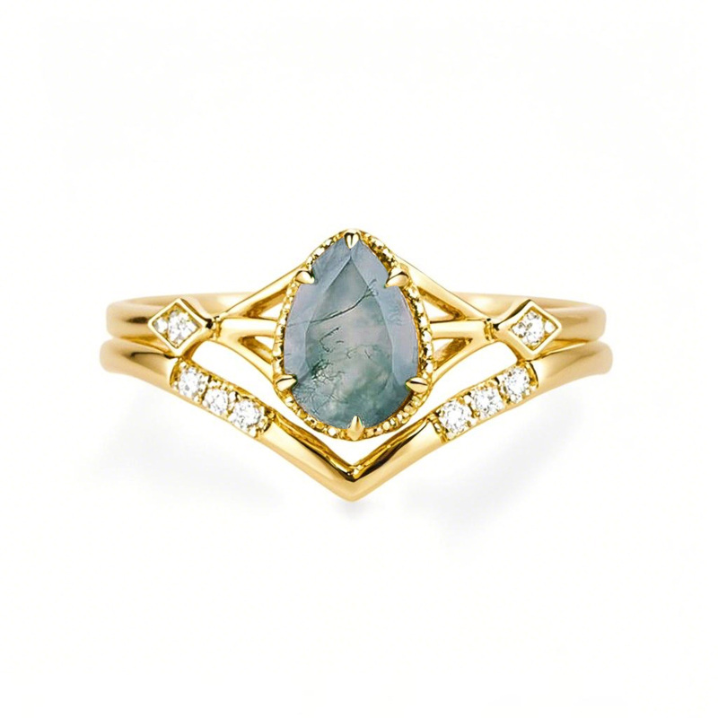 Sterling Silver with Yellow Gold Plated Pear Cut Moss Agate Engagement Ring Embellished with Moissanite-33