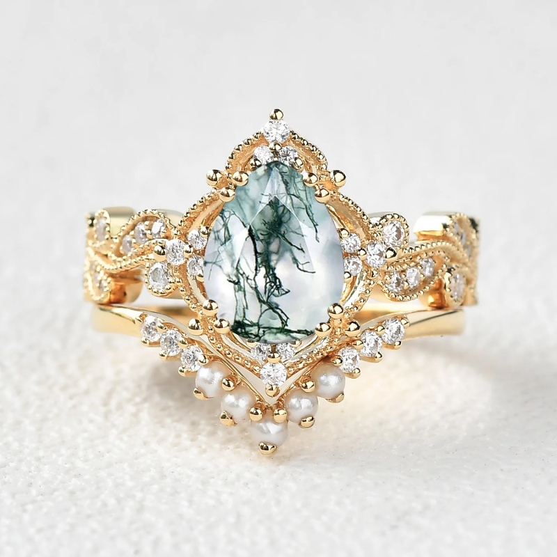 Sterling Silver with Yellow Gold Plated Pear Cut Moss Agate Engagement Ring-14