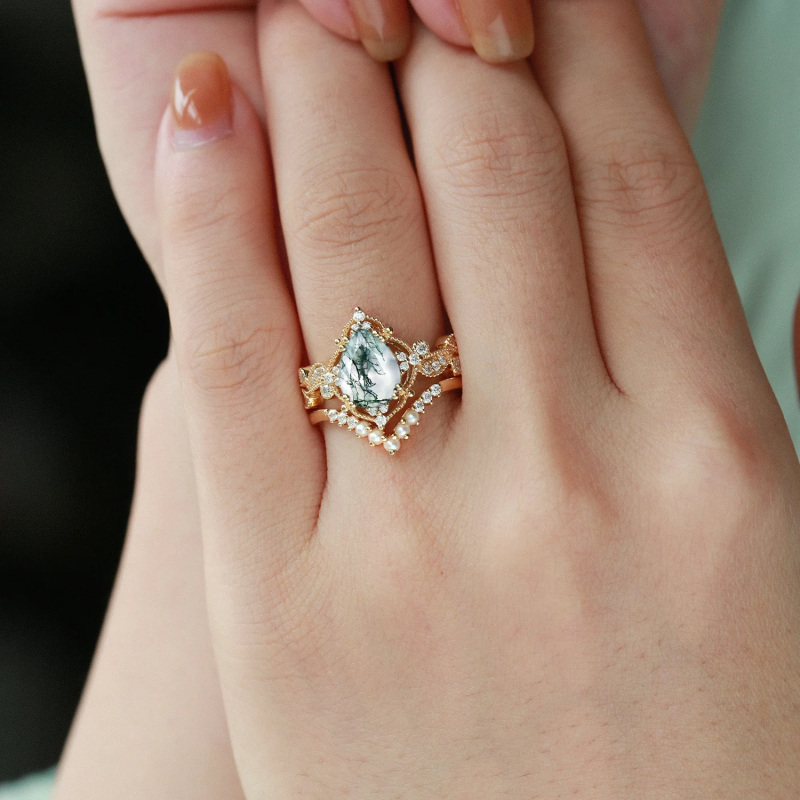 Sterling Silver with Yellow Gold Plated Pear Cut Moss Agate Engagement Ring-2