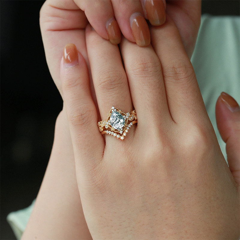 Sterling Silver with Yellow Gold Plated Pear Cut Moss Agate Engagement Ring-3