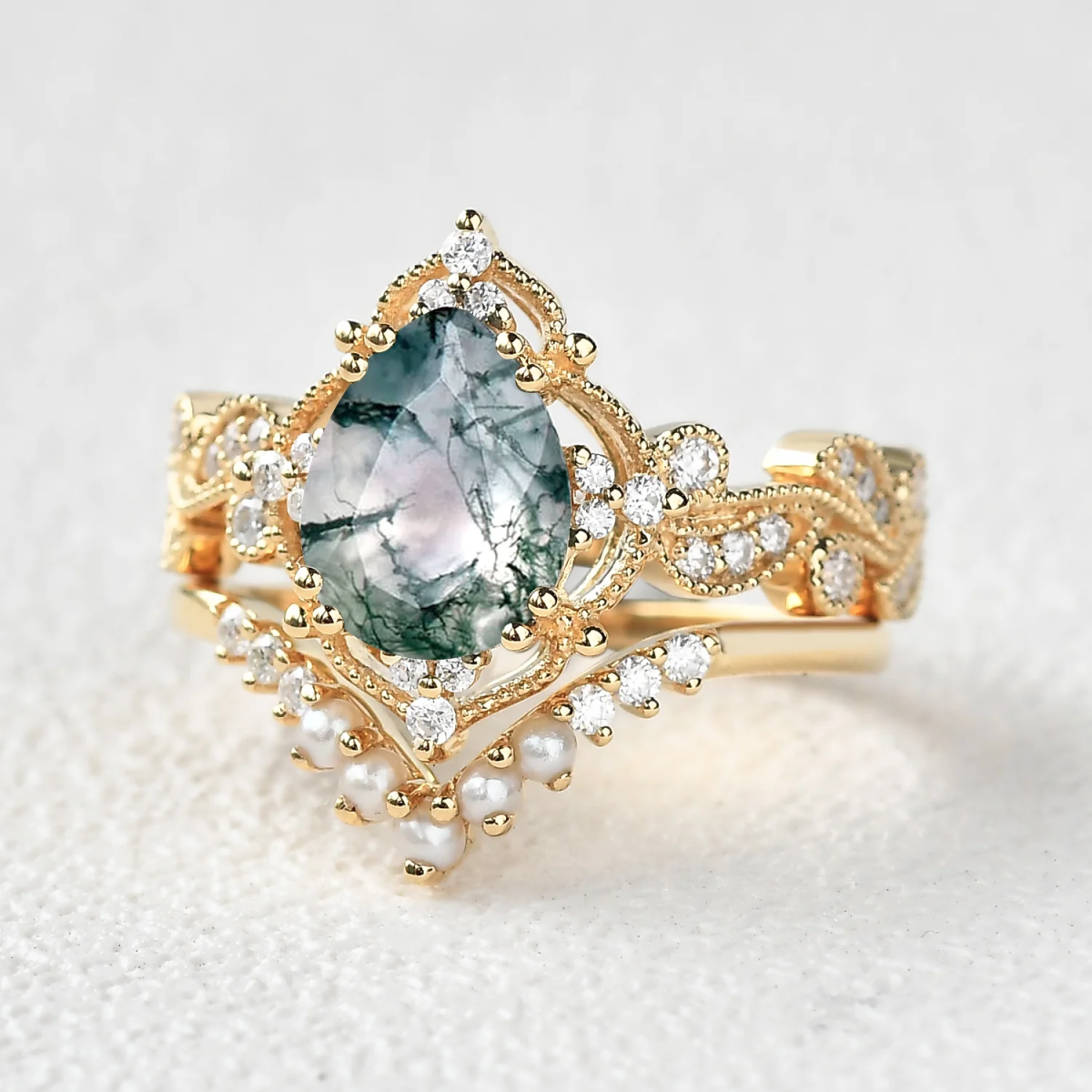 Anillo de compromiso de ágata musgosa con corte de pera en oro de 14 quilates-4